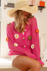 BiBi Flower Patches Open Knit Sweater Cardigan - kinko