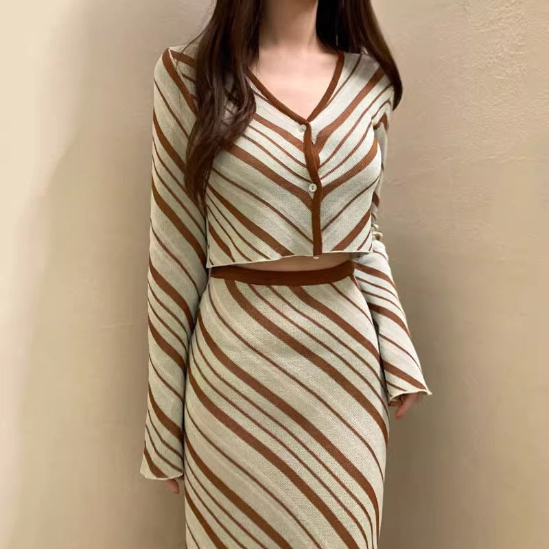 Two Short Knitwear High Waist Skirt Suit Women - kinko