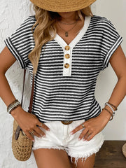 Striped V-Neck Short Sleeve T-Shirt - kinko