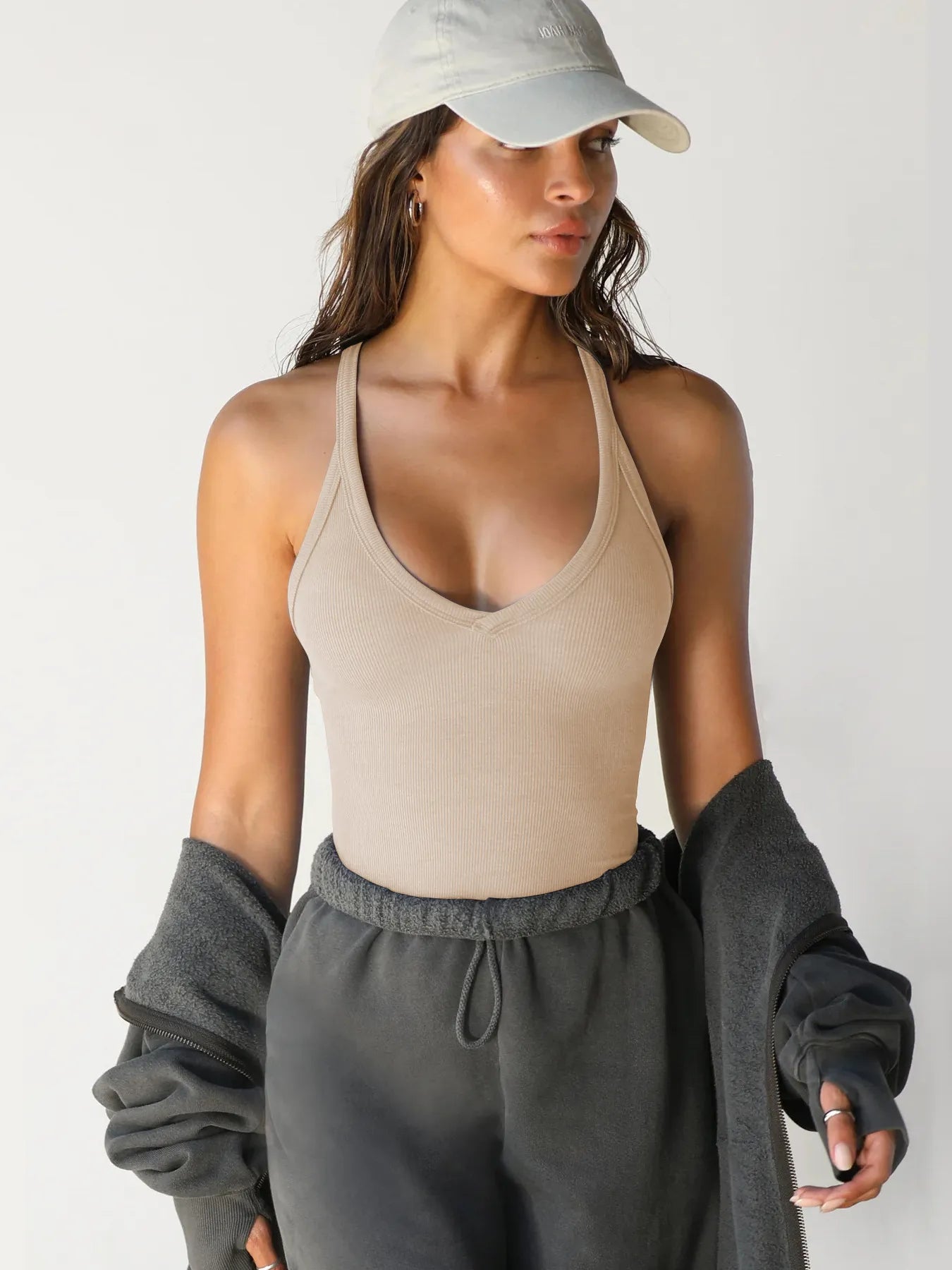 Ribbed V-Neck Halter Tank Top - kinko