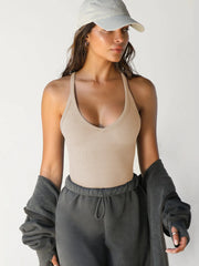 Ribbed V-Neck Halter Tank Top - kinko