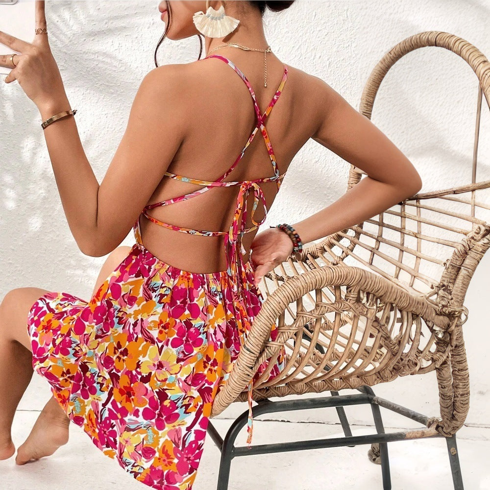 Women's Floral Print Dress Summer Lace-up Back Seaside Holiday Short Dresses - kinko