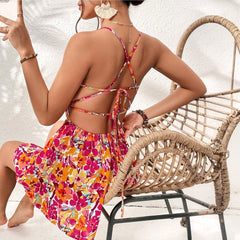 Women's Floral Print Dress Summer Lace-up Back Seaside Holiday Short Dresses - kinko