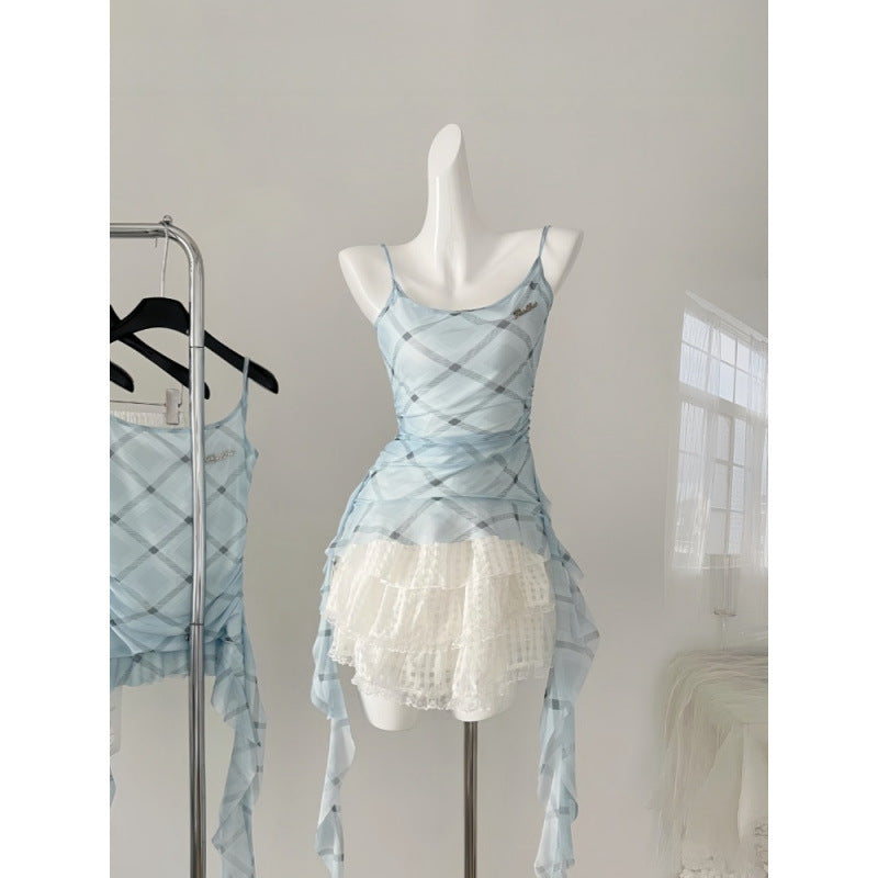 Blue Suit Mesh Stretch Slim Strap Top Lace Cake Dress - kinko
