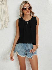Round Neck Sleeveless Top with Pleated Front Detail - kinko