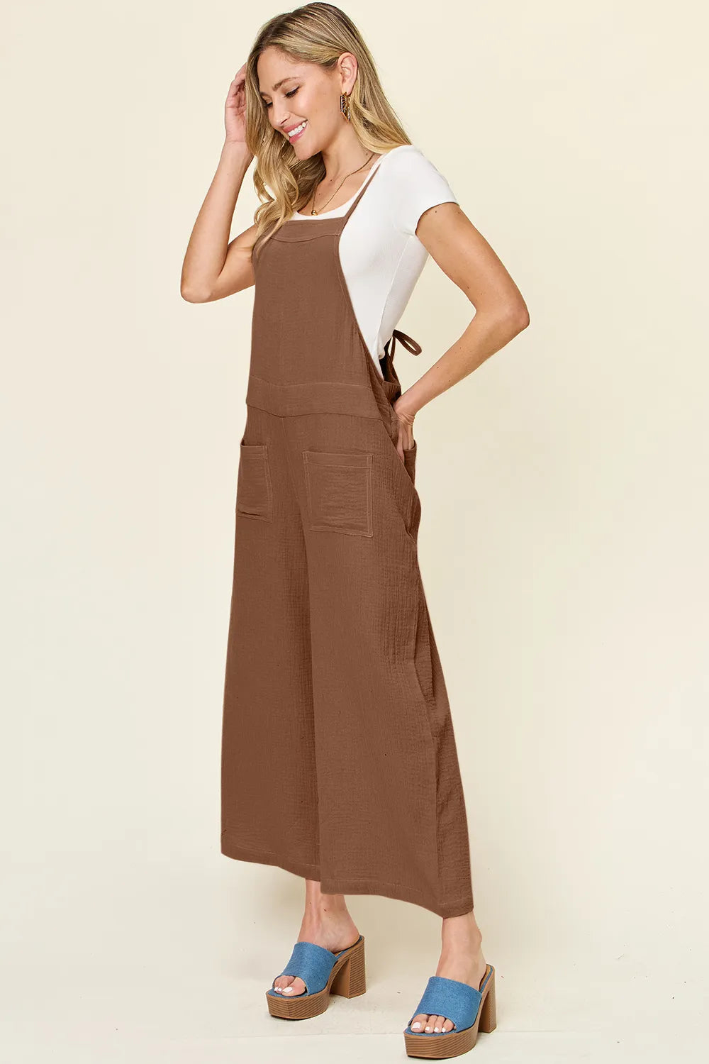 Double Take Full Size Texture Sleeveless Wide Leg Overall - kinko
