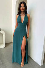 Spring New Women's Style Hanging Neck V-neck Slit Long Solid Color Dress - kinko