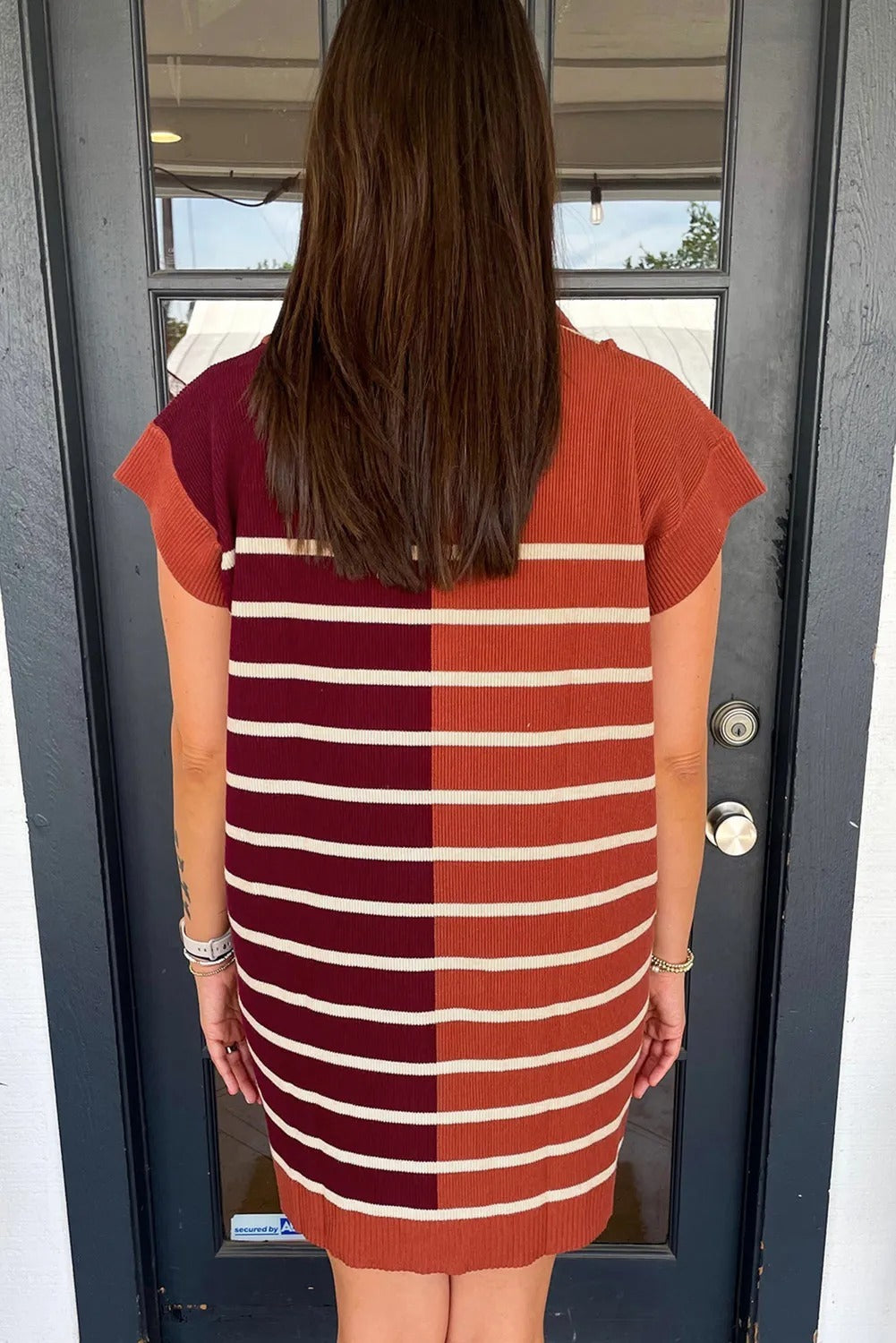 Brown Stripe Color Block Quarter Zip Collar Short Sleeve Sweater Dress - kinko