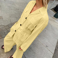 Lapel Long Sleeve Waist-controlled Top Wide Leg Pants Two-piece Set - kinko