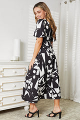 Printed Surplice Balloon Sleeve Dress - kinko