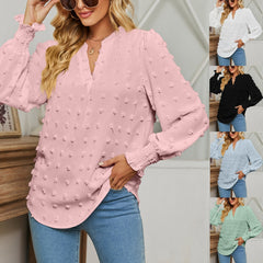 Dot Long-sleeved Bubble Sleeve V-neck Shirt Top - kinko