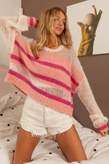 BiBi Hollow Out Yoke Detail Striped Sweater - kinko