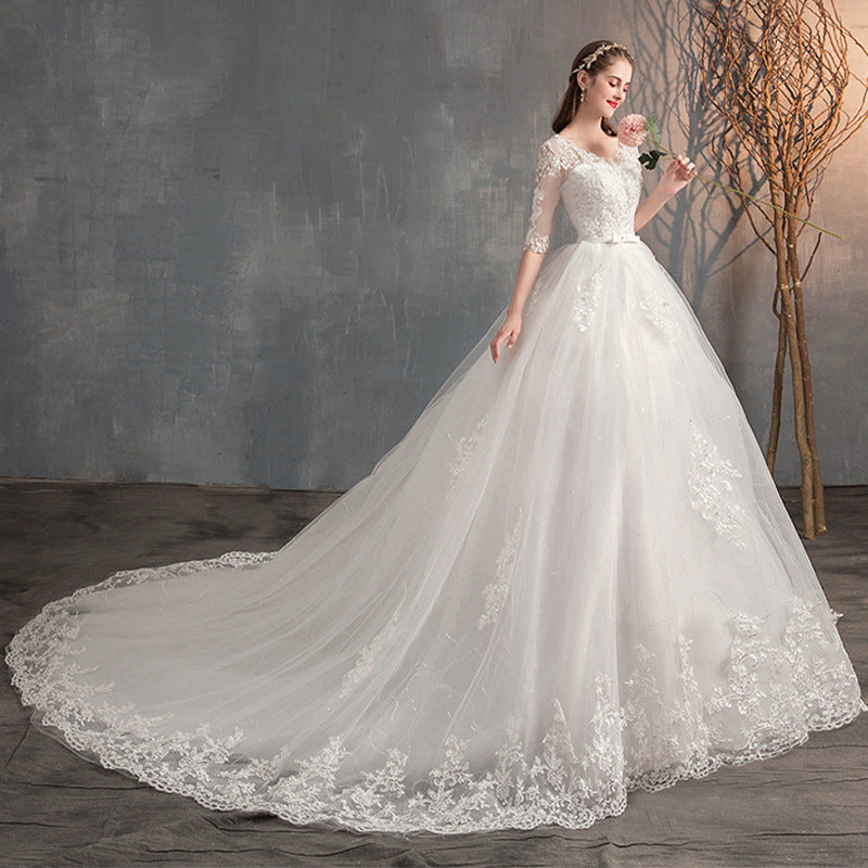 Wedding Dress Trailing Deep V Neck Lace High Waist Wedding Dress Long Sleeves - kinko