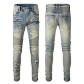 Hand Frayed Beggar Style Distressed Slim Stretch American Men's Jeans - kinko