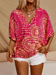 Printed V-Neck Half Sleeve Top - kinko