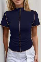 Basic Bae Contrast Trim Mock Neck Short Sleeve T-Shirt - kinko