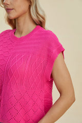 Double Take Full Size Cable-Knit Round Neck Cap Sleeve Sweater - kinko