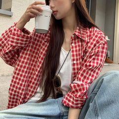 Red Plaid Shirt Cardigan Women's Long Sleeve Jacket - kinko