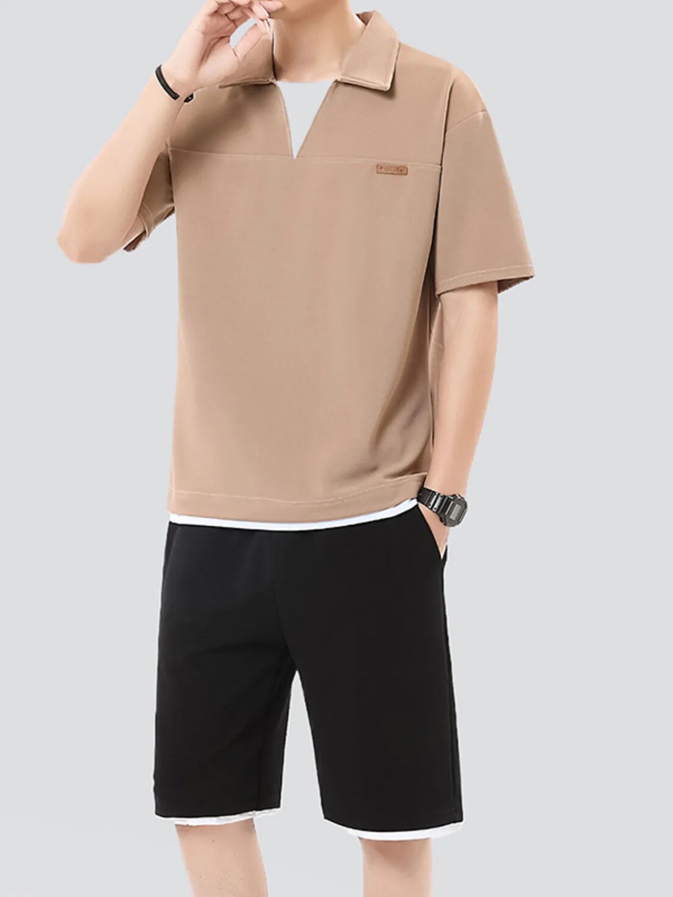 Men's Plus Size Johnny Collar Top and Shorts Set - kinko