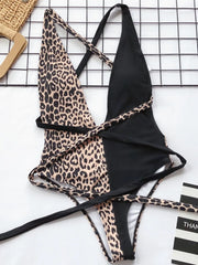 Tied Leopard Plunge One-Piece Swimwear - kinko