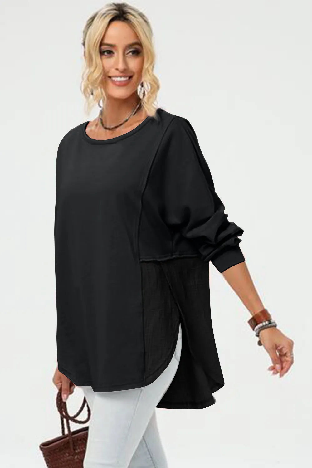 Double Take Full Size Long Sleeve High-Low T-Shirt - kinko