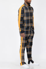 WEIV Men's Full Size Plaid Checkered Zip Up Track Jacket and Pants Set Plus Size - kinko