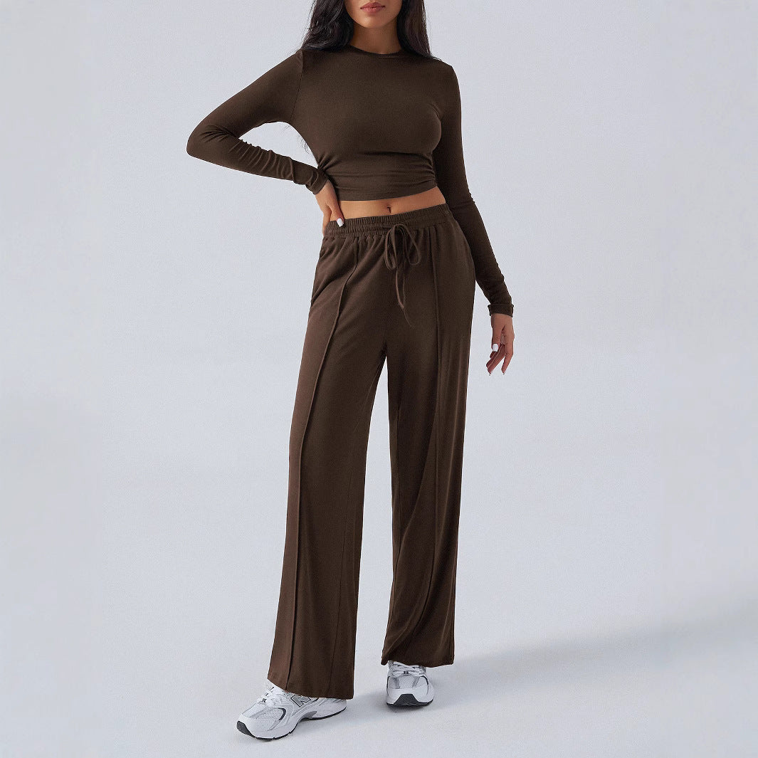 Tether Solid Color Waist Tight Fashion Wide Leg Casual Trousers Suit - kinko