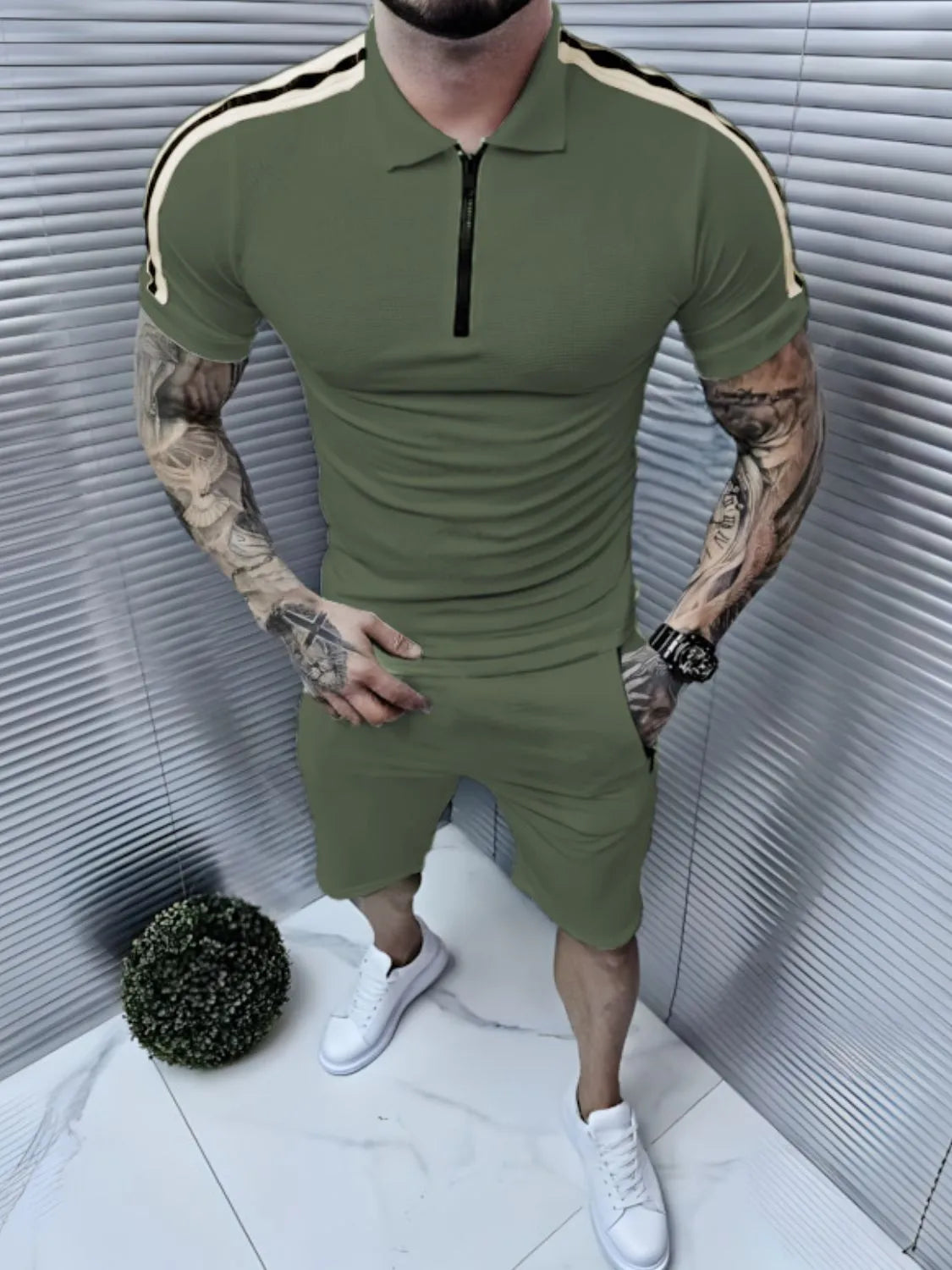 Men's Collared Neck Short Sleeve Top and Shorts Set - kinko