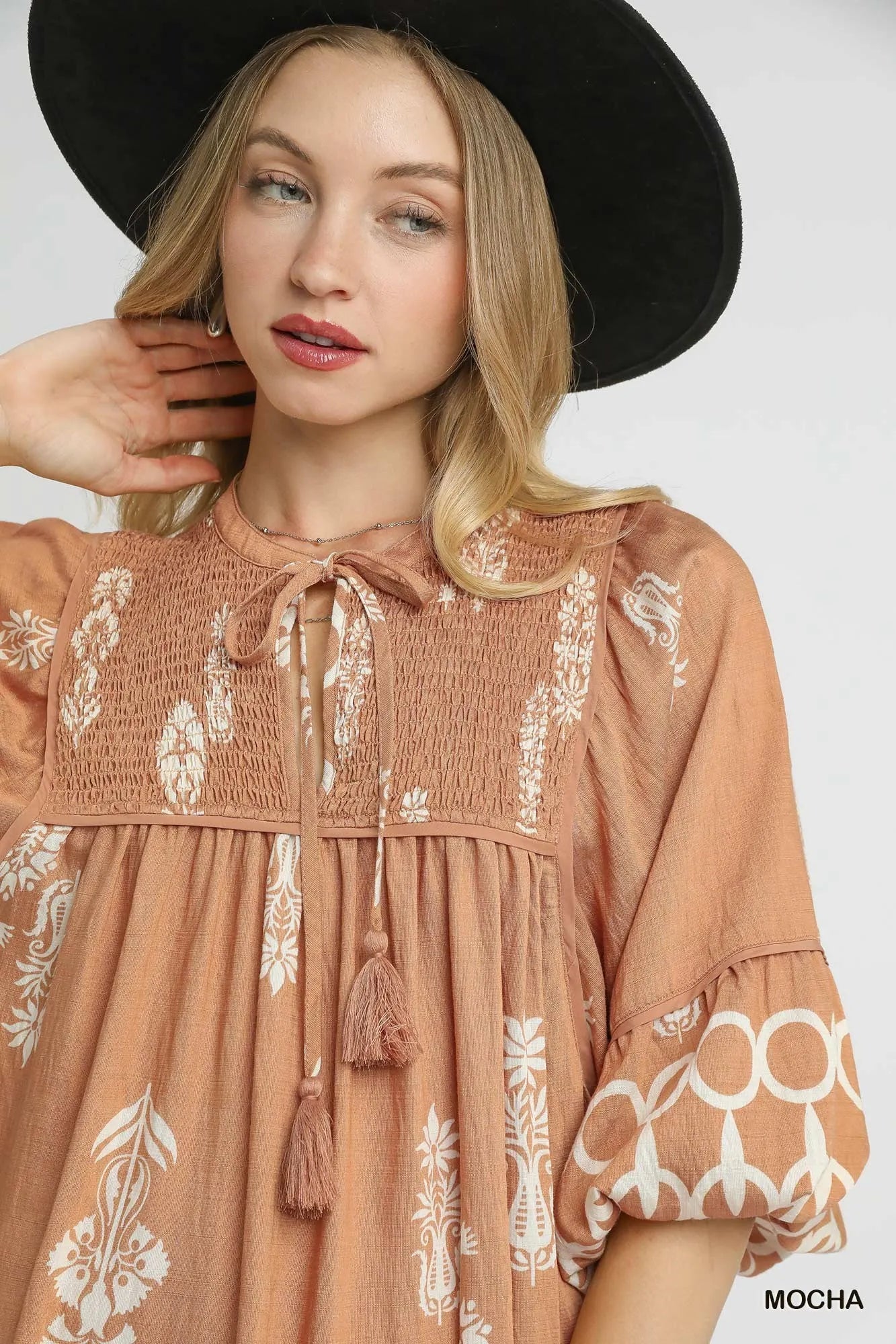 Umgee Boarder Print Tassel Tie Neck Mini Dress - kinko