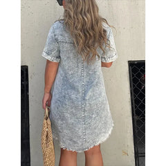Full Size Raw Hem Short Sleeve Denim Dress Plus Size - kinko