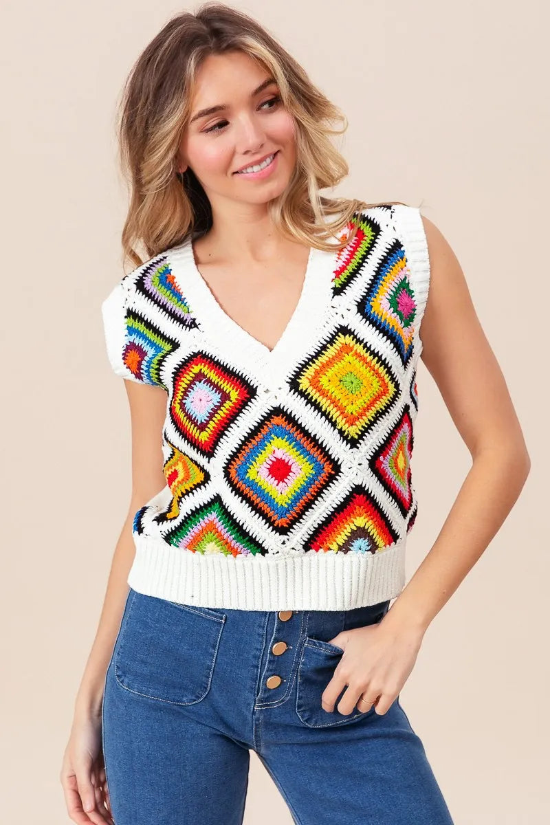 BiBi Diamond Granny Square Sweater Vest - kinko