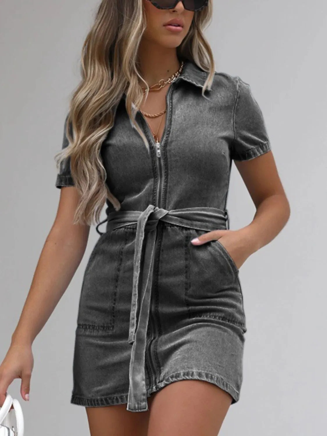 Full Size Zip Front Short Sleeve Denim Dress Plus Size - kinko