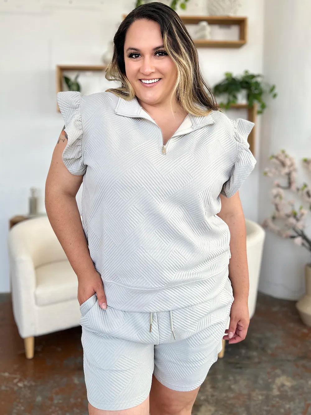 Double Take Full Size Texture Flounce Sleeve Top and Drawstring Shorts Set - kinko
