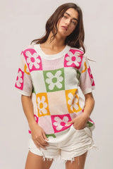 BiBi Flower Checker Pattern Lightweight Sweater Top - kinko
