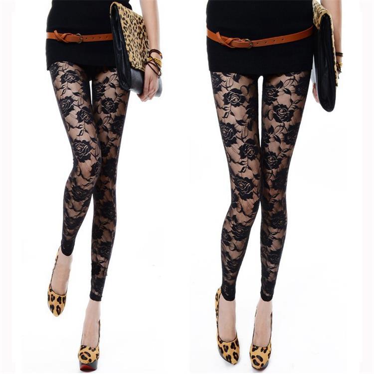 Sexy Tight Slim-fitting Ankle Length Trousers Solid Color Breathable Lace Rose Leggings - kinko