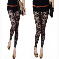 Sexy Tight Slim-fitting Ankle Length Trousers Solid Color Breathable Lace Rose Leggings - kinko