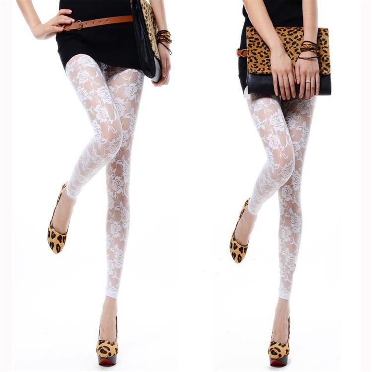 Sexy Tight Slim-fitting Ankle Length Trousers Solid Color Breathable Lace Rose Leggings - kinko