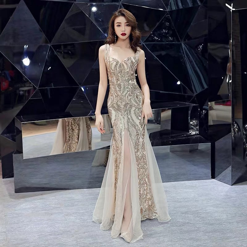 Fishtail Long Summer Sequins Sling Evening Dress Banquet - kinko