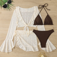 Lace Long Sleeve Cardigan Lace Ruffled Bikini Four-piece Suit Swimsuit - kinko