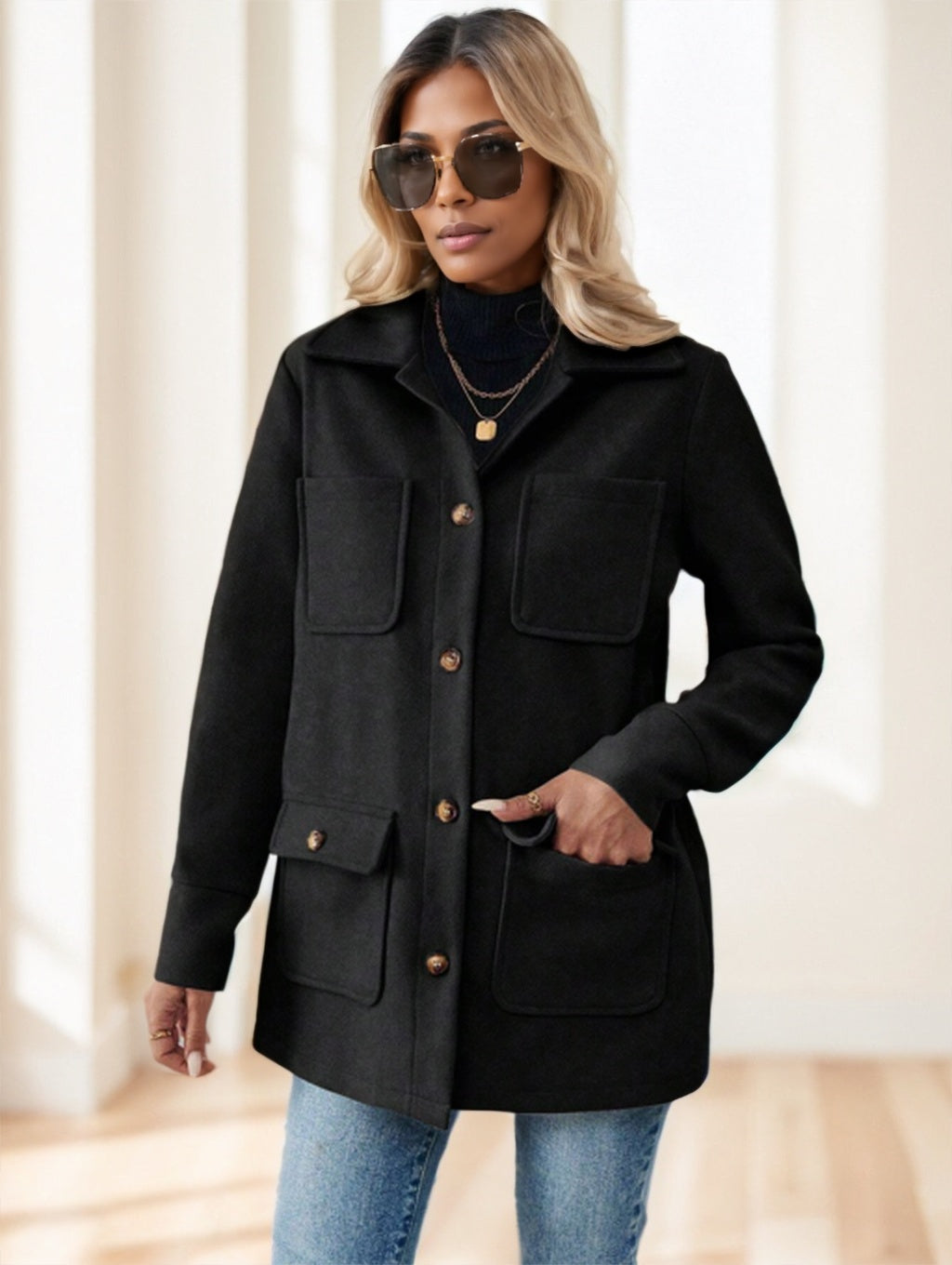 Casual Solid Color Multi-Pocket Jacket, Versatile For Autumn Winter - kinko