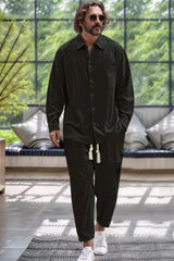 Men's Collared Neck Long Sleeve Top and Pants Set Plus Size - kinko