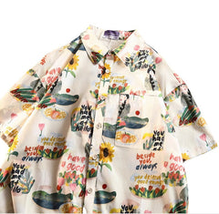 Women's Design Retro Hong Kong Style Printed Short-sleeved Shirt - kinko