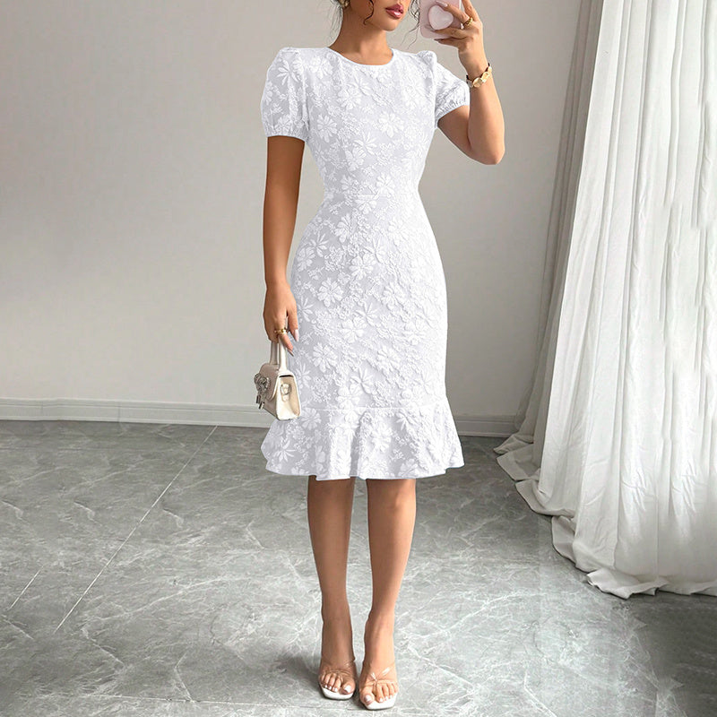 Women's Floral Jacquard Dress Women's Short Puff Sleeve Crew Neck Ruffle Hem Bodycon Dresses - kinko