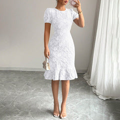 Women's Floral Jacquard Dress Women's Short Puff Sleeve Crew Neck Ruffle Hem Bodycon Dresses - kinko