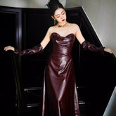 Off-the-shoulder Tube Top Leather Skirt Evening Gown - kinko