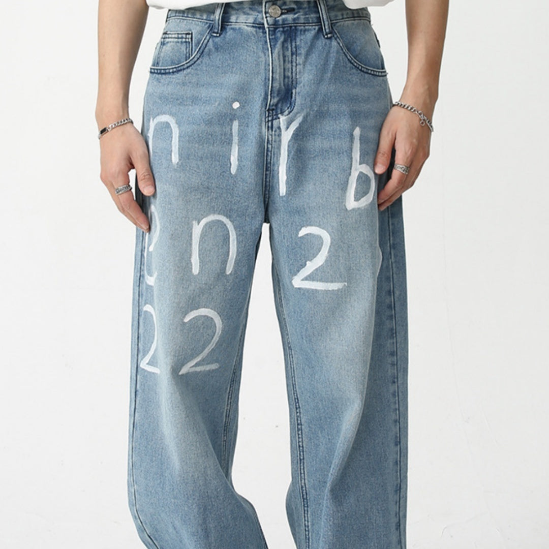 New Loose Wide-leg Mopping Jeans Personalized Digital Printing - kinko