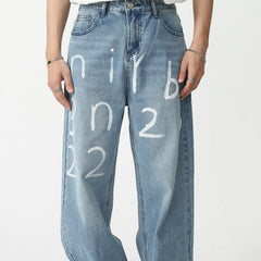 New Loose Wide-leg Mopping Jeans Personalized Digital Printing - kinko