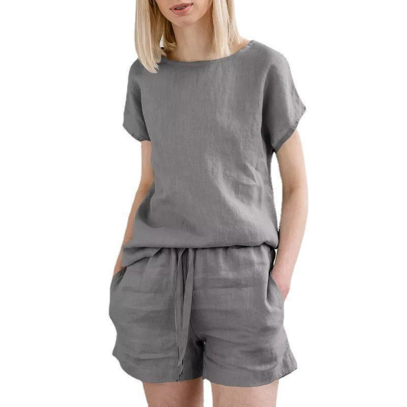 Short Sleeve Cotton Linen Retro Fashion Solid Color Top Shorts Suit - kinko