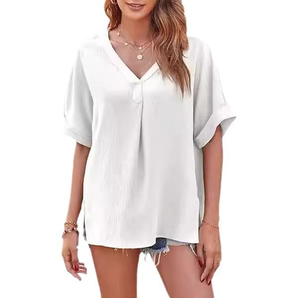 Spring And Summer Solid Color Short Sleeve Loose Blouse - kinko