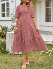 Women's Summer Casual Lace Dress Floral Ruffle Puff Short Sleeve High Waist Midi Beach Dresses - kinko